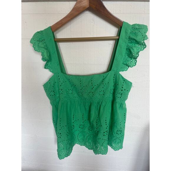 EMORY PARK Eleanor Ruffle Sleeve Eyelet Top in Green Large  / L FEMININE - Picture 4 of 7